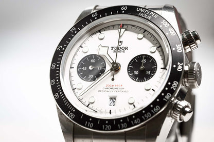Tudor Black Bay Chronograph Panda close-up showing white opaline dial and black sub-registers.