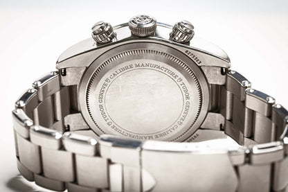 Tudor Black Bay Chronograph Panda showcasing the stainless steel case back with engraved details and chronograph features.