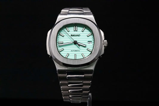 SeikoMod Tiffany Nautilus front view with Tiffany blue dial and stainless steel case