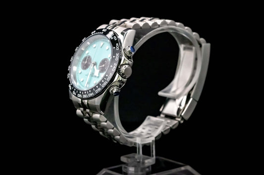 Angled shot of SeikoMod BB Chrono showing case contours and tachymeter bezel