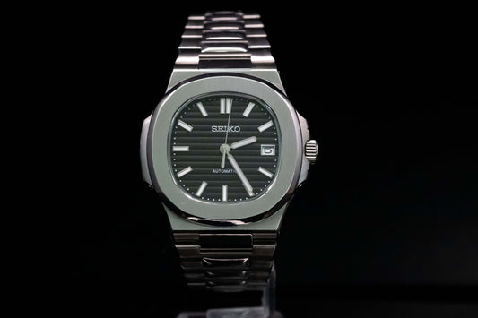 SeikoMod Silver Nautilus Midnight Black front view with black dial and silver case