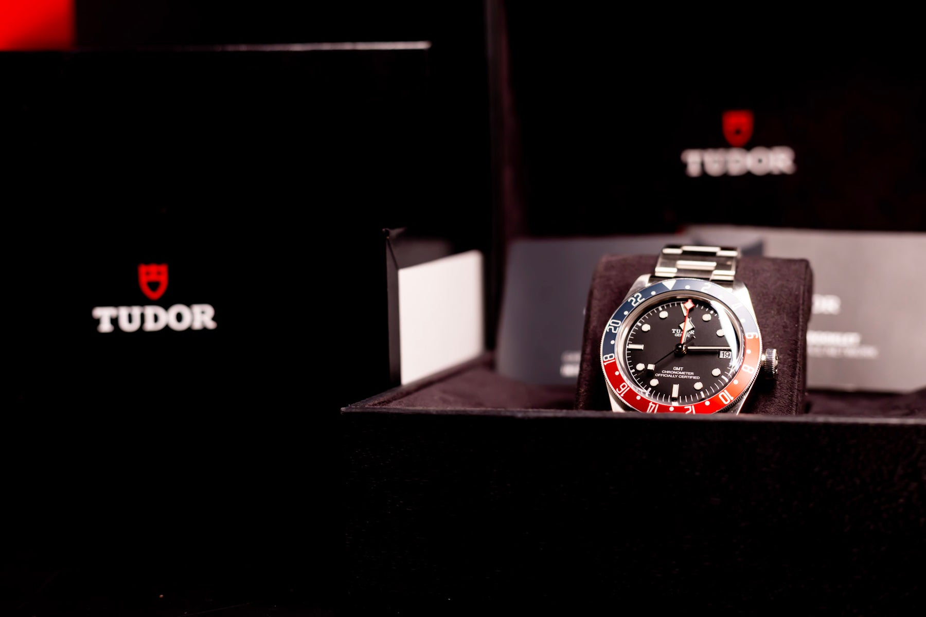 TUDOR Black Bay GMT Pepsi Bezel 41mm M79830RB-0003 Automatic Watch Full Set displayed in a luxury box.