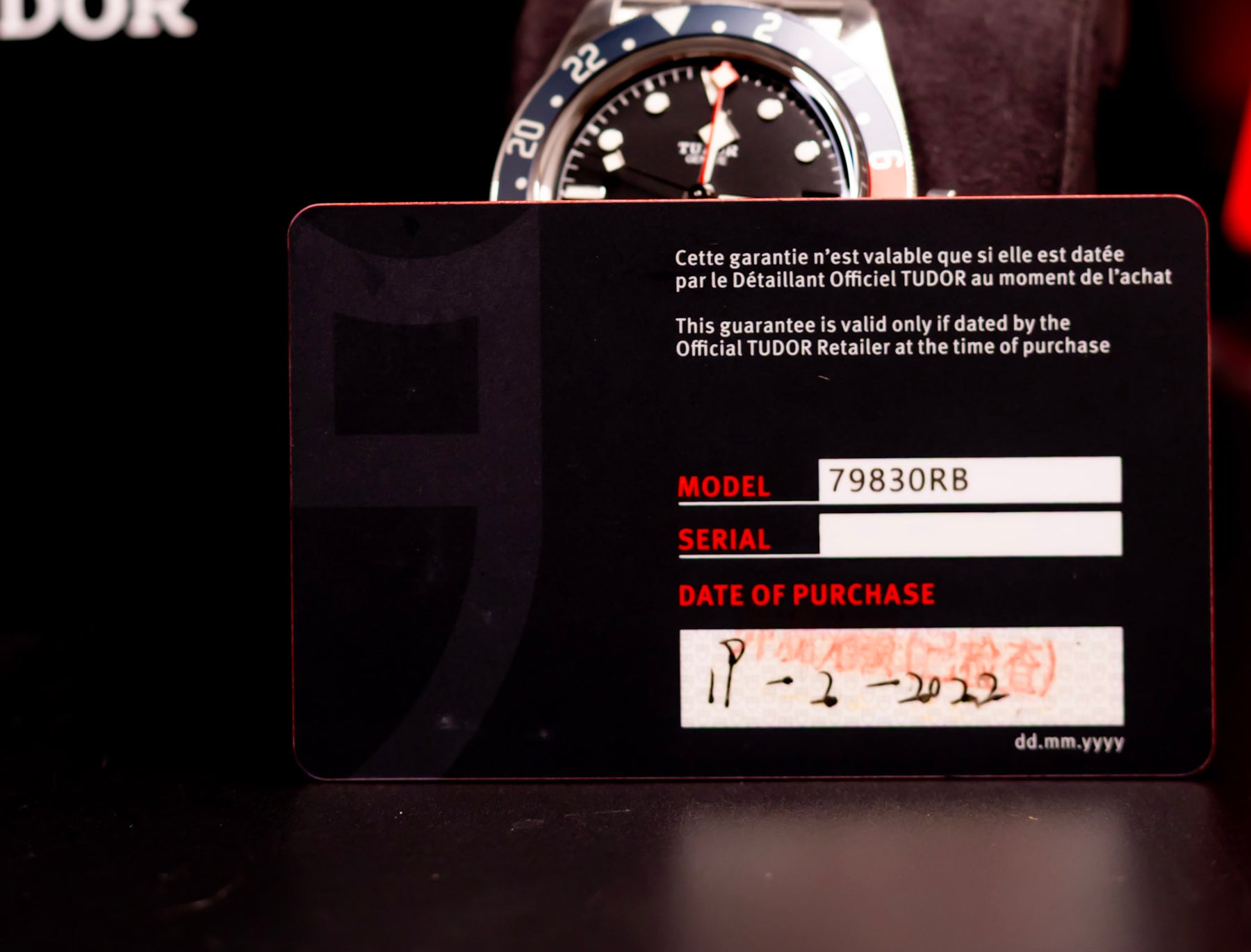 TUDOR Black Bay GMT Pepsi Bezel 41mm M79830RB-0003 Automatic Watch Full Set guarantee card with purchase details.