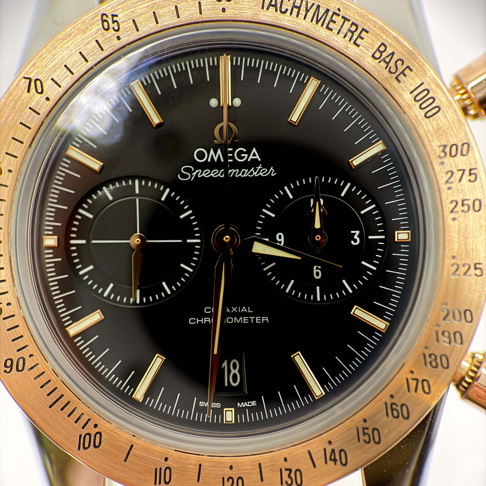 Omega Speedmaster '57 41.5mm Gold and Steel Omega 331.22.42.51.01.001 black dial chronograph close-up