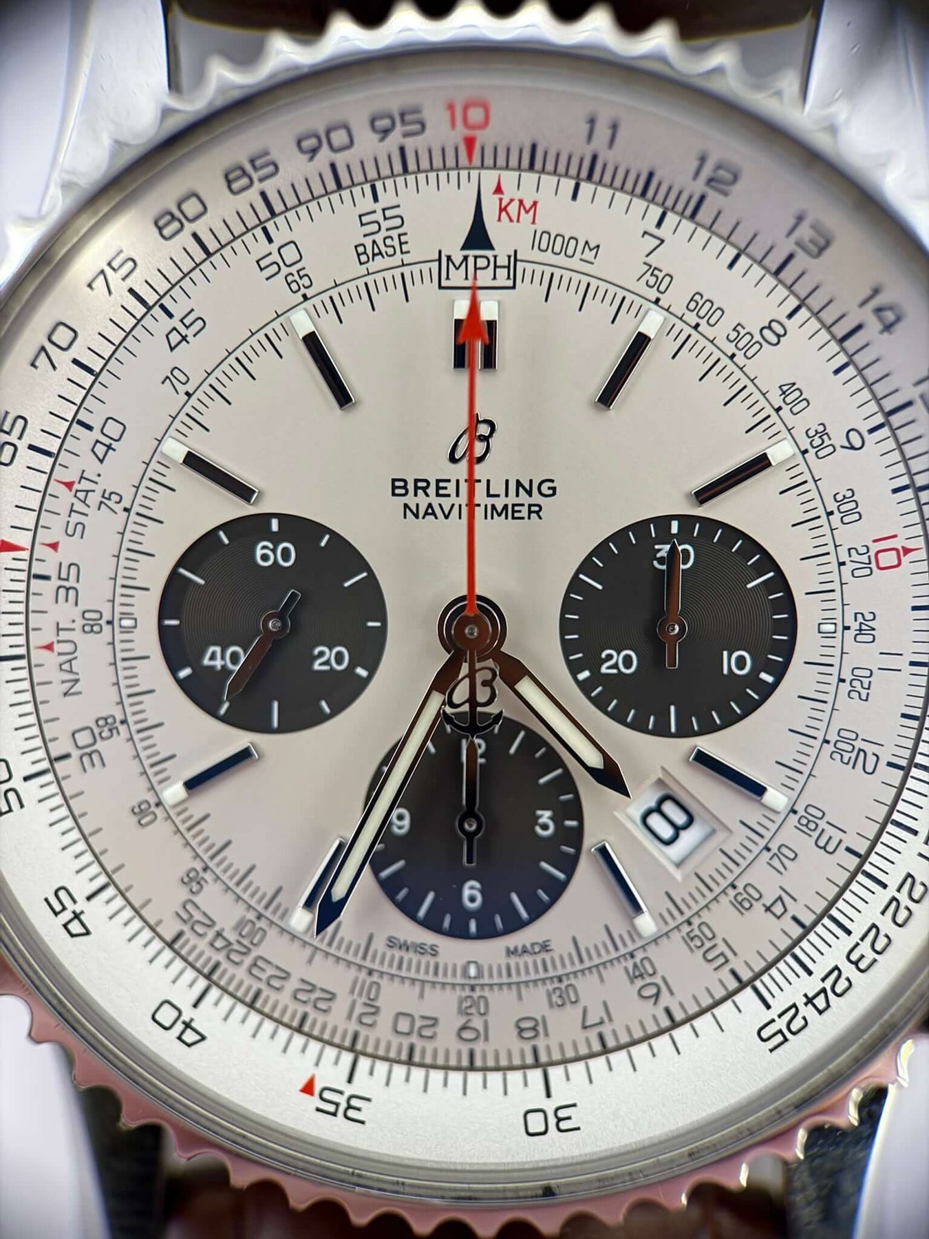 Breitling Navitimer 1 B01 Chronograph 43mm  Ref:AB0121211G1P1 close-up showing watch face and chronograph details.