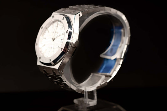 Angled shot of SeikoMod White Oak showing integrated bracelet and octagonal bezel
