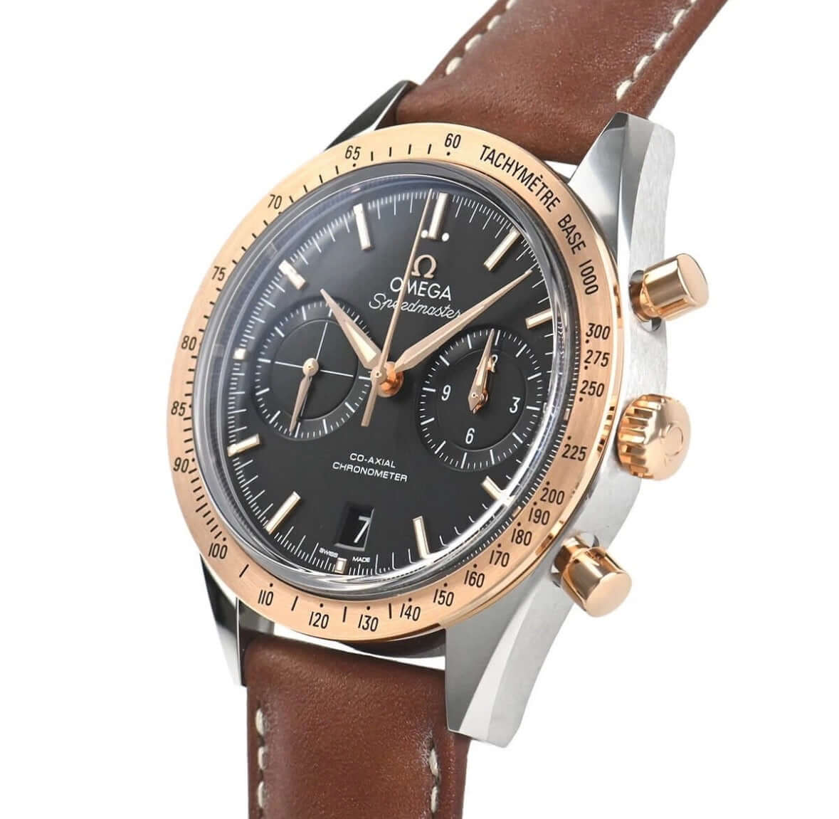Omega Speedmaster '57 41.5mm Gold and Steel Omega 331.22.42.51.01.001 chronograph watch with brown leather strap.