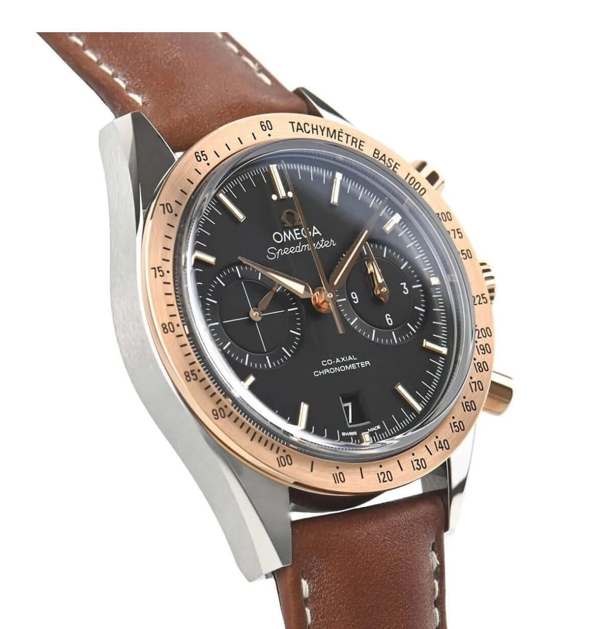 Omega Speedmaster '57 41.5mm Gold and Steel Omega 331.22.42.51.01.001 chronograph watch with brown leather strap.