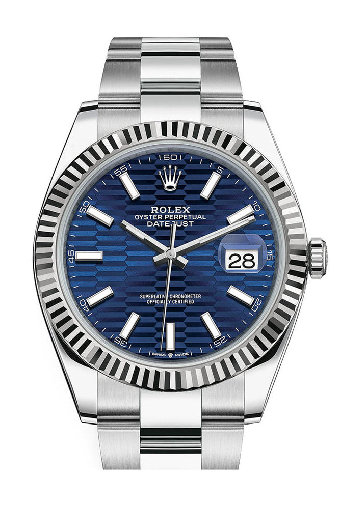 Rolex White Rolesor Datejust 41 Watch - Fluted Bezel - Bright Blue Fluted Motif Index Dial - Oyster Bracelet - 126334 blflmio