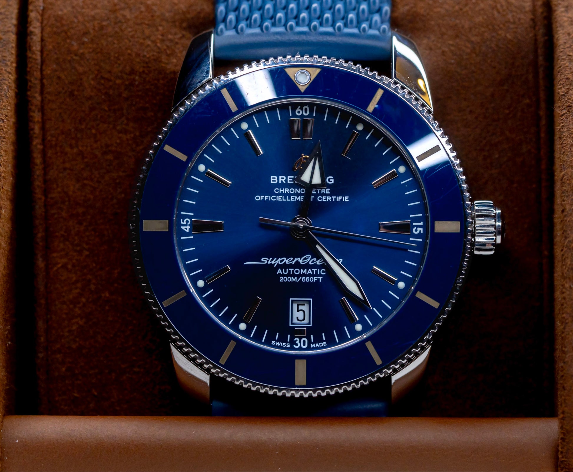 2020 Breitling Superocean Heritage B20 46 watch in amazing condition with blue dial and rubber strap.