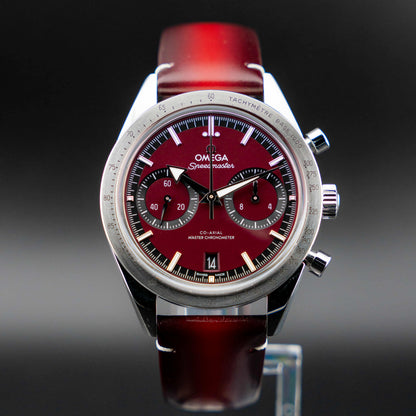 Omega Speedmaster '57 Burgundy full set with a deep burgundy dial and vintage broad arrow hands.