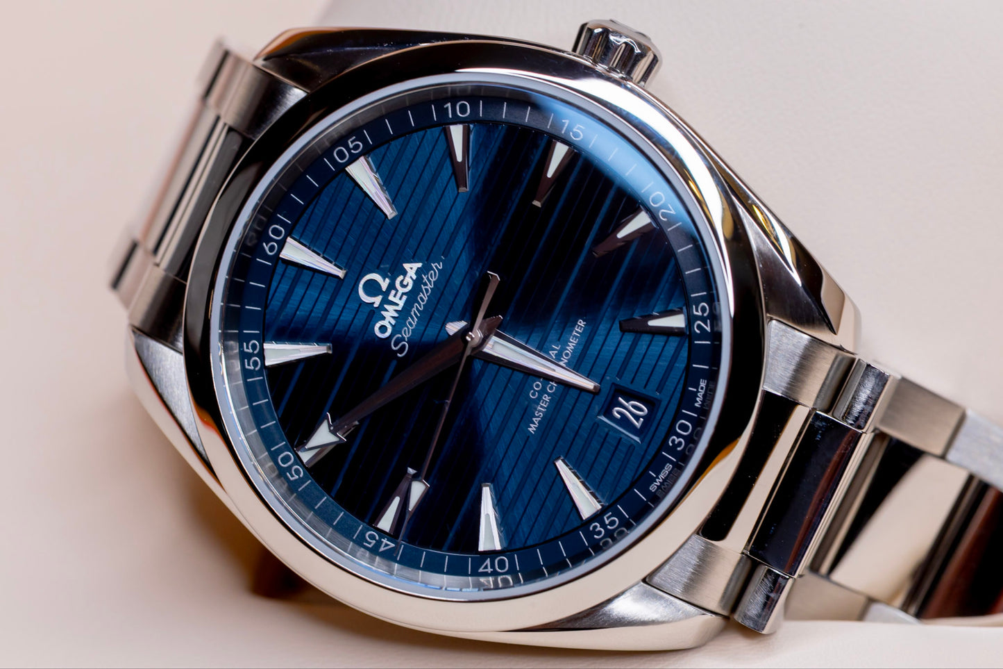 2023 Omega Seamaster Aqua Terra watch showcasing the blue dial, part of the Beijing 2022 Olympic Seamaster watch limited edition.