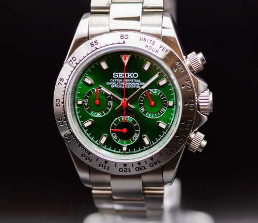 Seikomod Daytona Green Dial Edition, featuring a vibrant green dial and chronograph functionality, stylish and sophisticated watch.