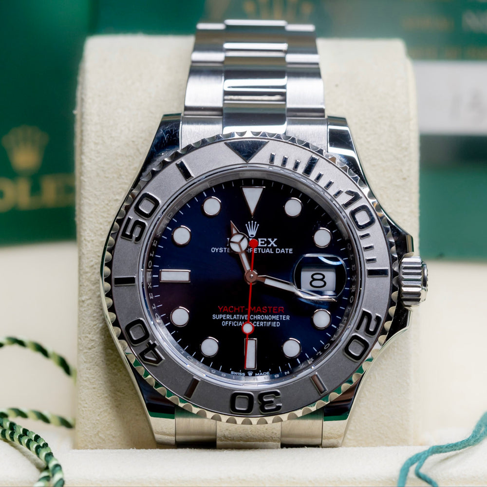 2024 Rolex Yachtmaster Superman on display with a platinum bezel and stainless steel bracelet.