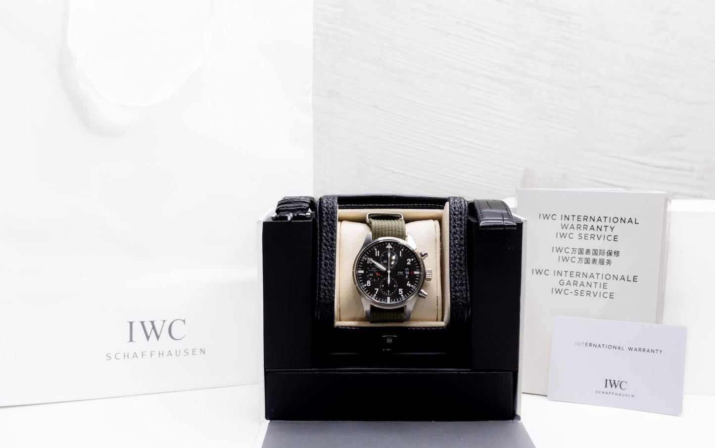 IWC Pilot's Watch Chronograph 43mm in display box with warranty cards and gift bag.