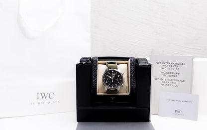 IWC Pilot's Watch Chronograph 43mm in display box with warranty cards and gift bag.