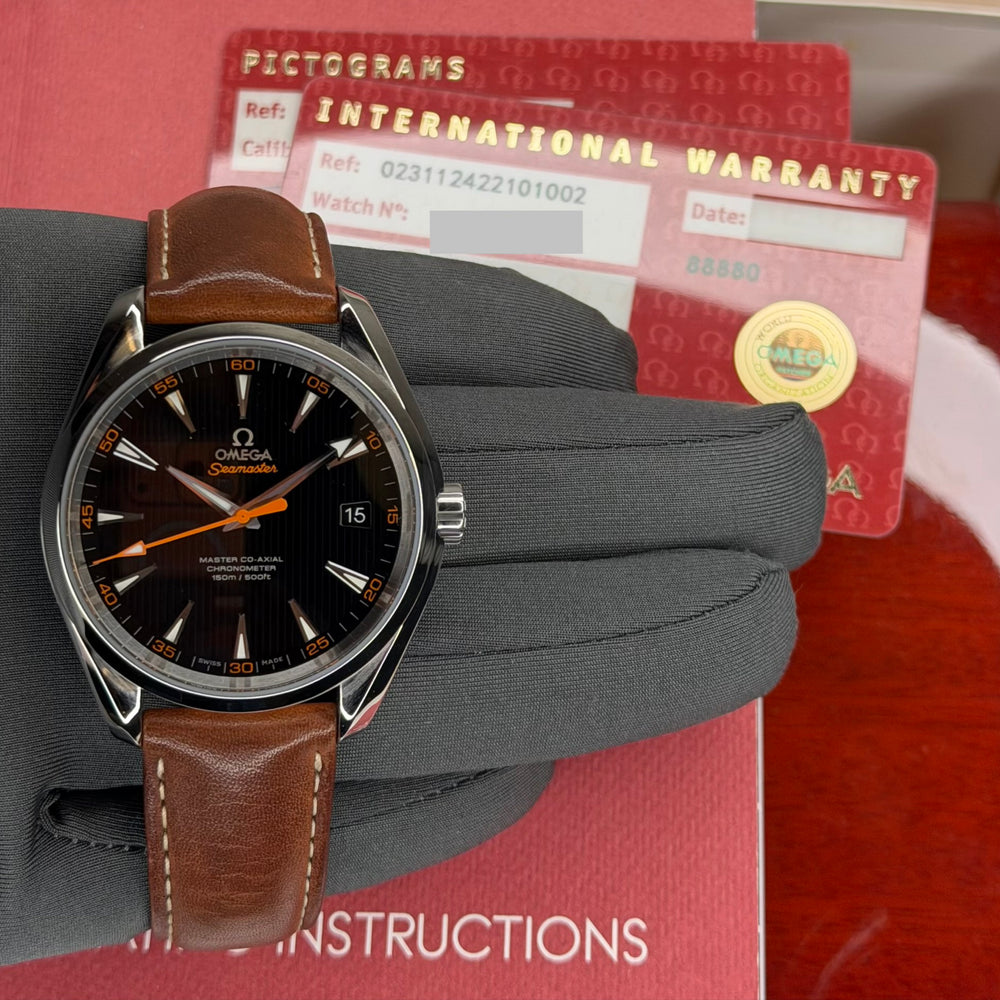 Omega Seamaster Aqua Terra 150M watch on display with original box and international warranty.