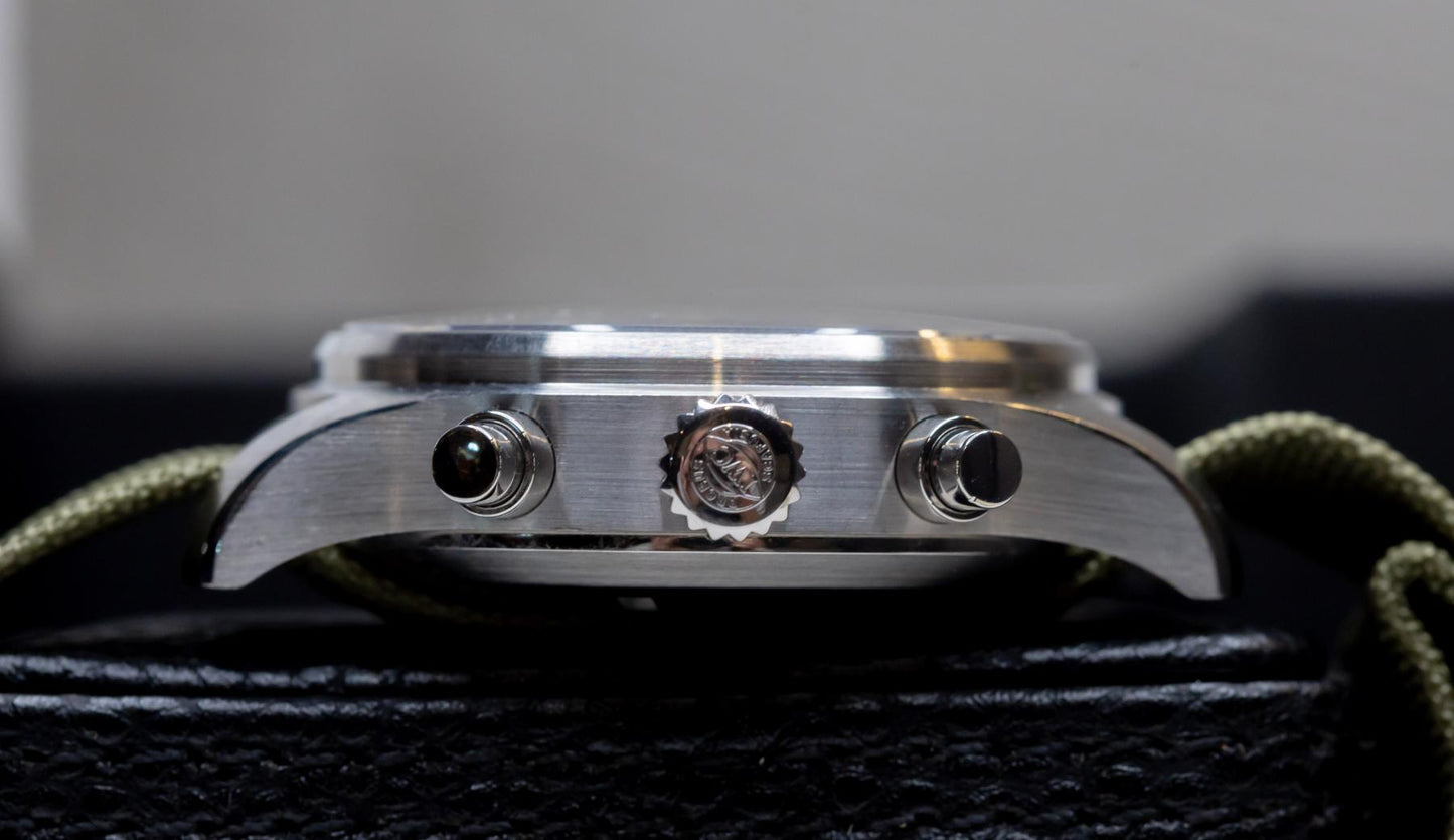 IWC Pilot's Watch Chronograph 43mm side view showcasing stainless steel case and chronograph pushers.