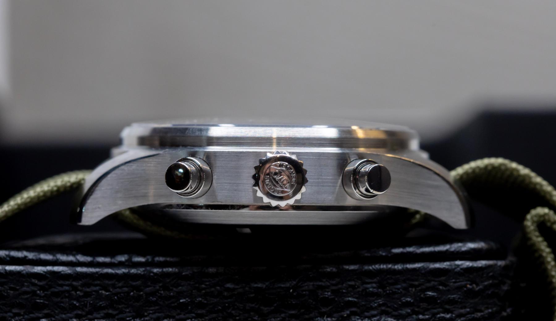 IWC Pilot's Watch Chronograph 43mm side view showcasing stainless steel case and chronograph pushers.