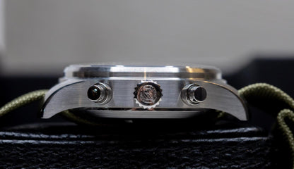 IWC Pilot's Watch Chronograph 43mm side view showcasing stainless steel case and chronograph pushers.