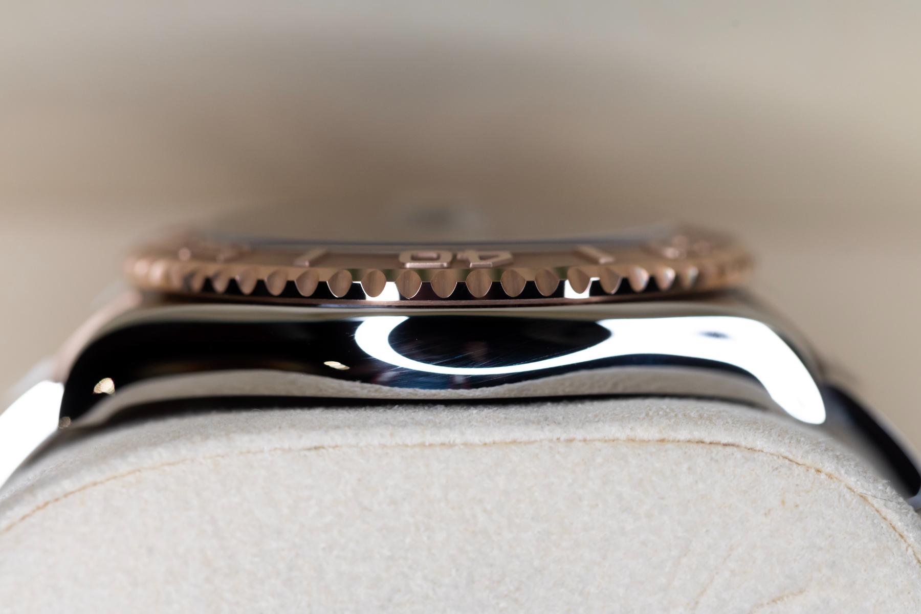 2024 Rolex Yacht-Master Two-Tone Ref. 126621 side view showcasing Everose Gold and Oystersteel finish.