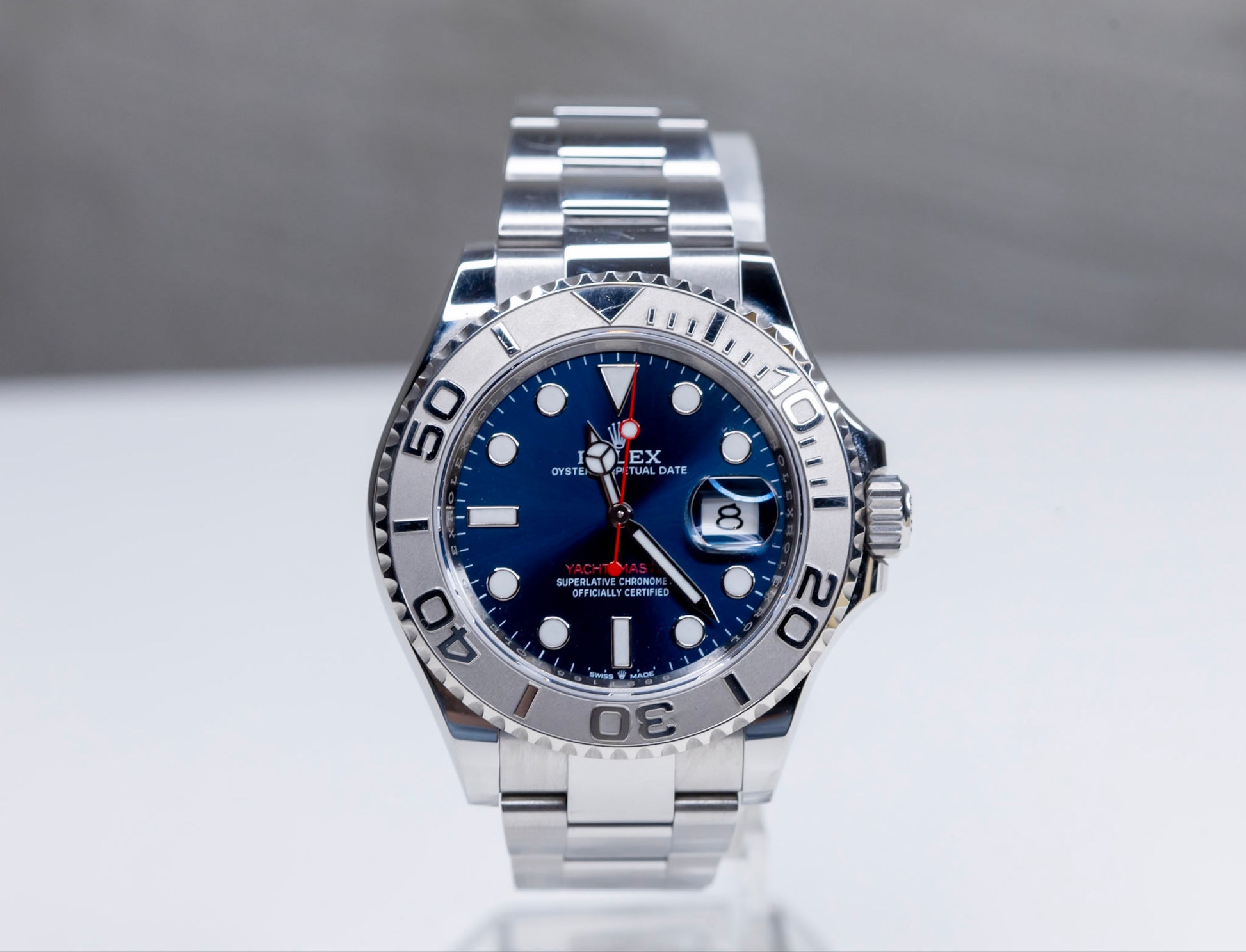 2024 Rolex Yachtmaster Superman watch featuring a blue dial and platinum bezel, perfect for sport enthusiasts.