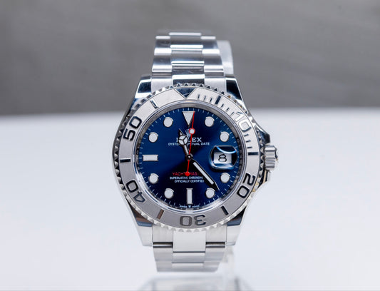 2024 Rolex Yachtmaster Superman watch featuring a blue dial and platinum bezel, perfect for sport enthusiasts.