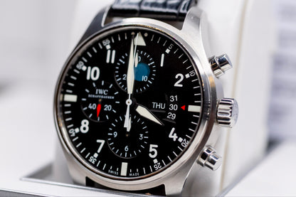 IWC Pilots Watch Chronograph showcasing black dial and automatic chronograph features.