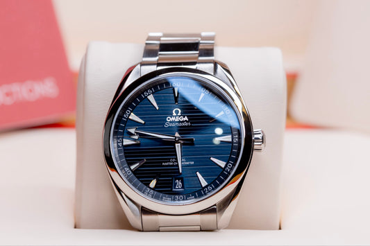 2023 Omega Seamaster Aqua Terra Beijing 2022 Olympic Winter Games LE limited edition watch with blue dial.