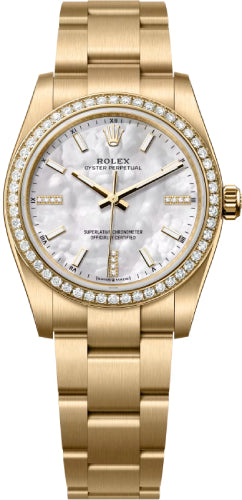 Rolex Oyster Perpetual 34 Mm 18 Ct Yellow Gold White Mother-Of-Pearl Dial Diamond Set Dial Oyster Bracelet - 124248Rbr - 2026