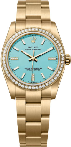 Rolex Oyster Perpetual 34 Mm 18 Ct Yellow Gold Turquoise Blue Diamond-Set Dial Oyster Bracelet - 124248Rbr - 2026