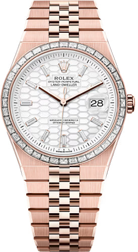 Rolex Land-Dweller 40 Everose Gold Intense White Honeycomb Motif Baguette Diamonds Set Dial Diamond Set Bezel Flat Jubilee Bracelet 127385TBR - 2025