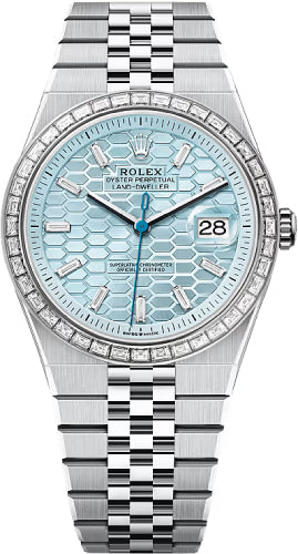 Rolex Land-Dweller 40 Platinum Ice Blue Honeycomb Motif Diamond Set Dial Baguette Diamond-Set Bezel Flat Jubilee Bracelet 127386TBR - 2025