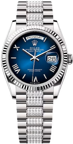 Rolex Day-Date 36 36mm Blue Ombré Dial Fluted Bezel with Diamond-Set President Bracelet - 128239