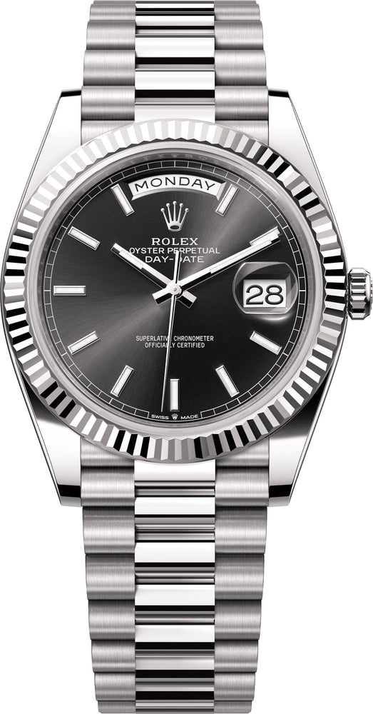 Rolex Day-Date 40 in 18 ct white gold bright black dial Fluted Bezel President Bracelet - 228239 | 2024 Model