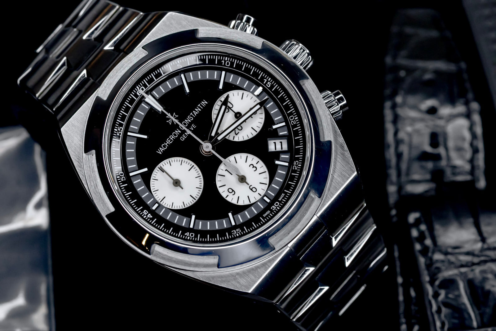 Vacheron Constantin Overseas Chronograph with black dial and steel bracelet